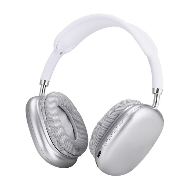 P9 Wireless Bluetooth headset in silver, featuring noise-cancelling over-ear design with built-in microphone for outdoor sports and gaming.