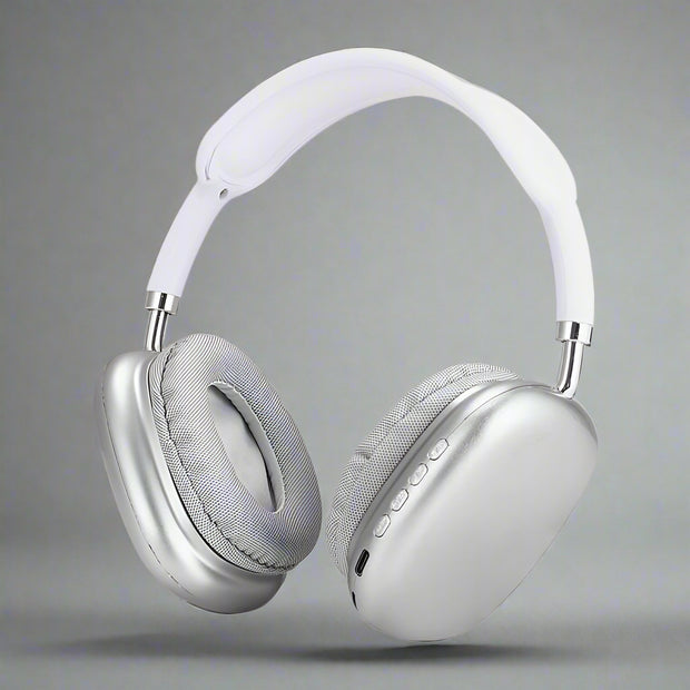 P9 Wireless Bluetooth headset with noise-canceling feature and mic, silver color.