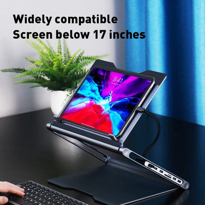 Laptop stand with docking station, compatible with screens below 17 inches.