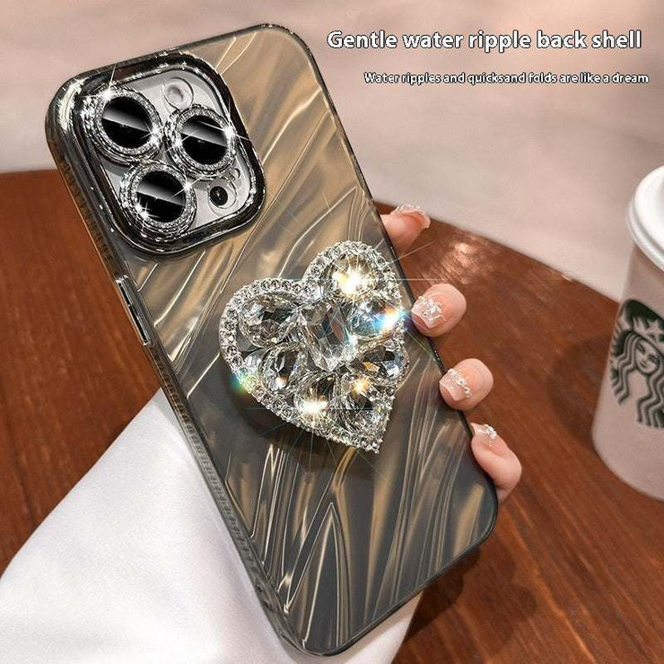 Rhinestone love bracket phone case with lens protector for iPhone models.
