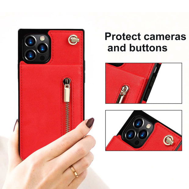 Red Zipper Phone Case Crossbody for Samsung, protects cameras and buttons.