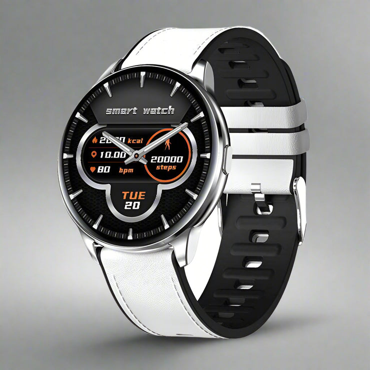 Y90 Smart Watch with white leather strap, GPS, blood pressure monitoring, and health tracking features.