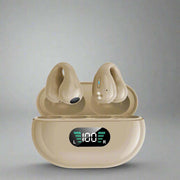 Bone conduction headphones in charging case with digital display, khaki color, Bluetooth 5.3.