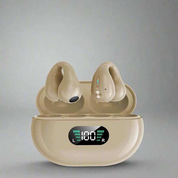 Bone conduction headphones in charging case with digital display, khaki color, Bluetooth 5.3.