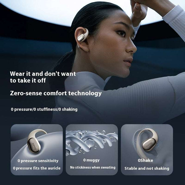 Wireless long endurance ear-mounted Bluetooth headset in use, featuring zero-sense comfort technology for stability and pressure-free fit.