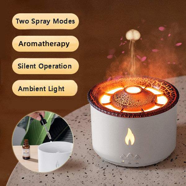 Creative ultrasonic essential oil diffuser with volcano flame and jellyfish mist effect, featuring aromatherapy and silent operation.