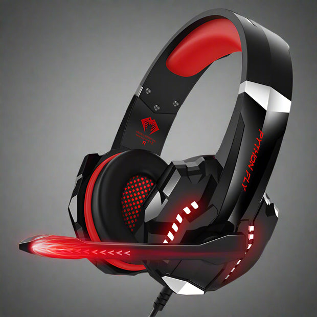 Wired gaming headset with a microphone, red and black design, USB connection.