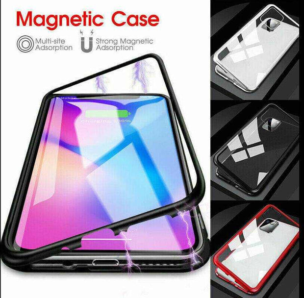 Magnetic tempered glass case for iPhone 11 series in red, black, and silver with multi-site and strong magnetic adsorption.