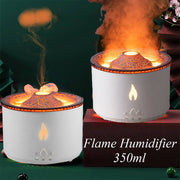 Ultrasonic essential oil diffuser with volcano flame and jellyfish mist effect, 350ml capacity.