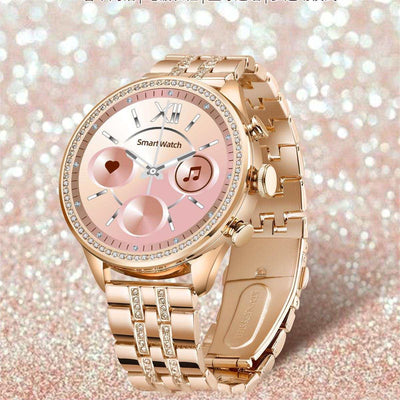 Gold smart watch for women with Bluetooth calling and fitness tracking features, featuring a sleek design and TFT touch screen.