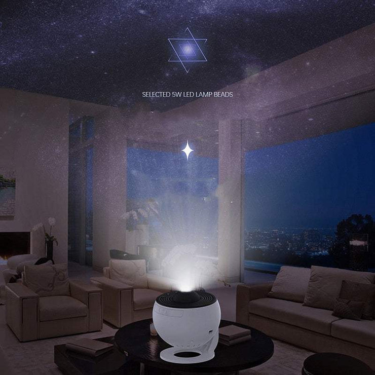 Galaxy Night Light Projector in a living room setting displaying a starry sky on the ceiling.