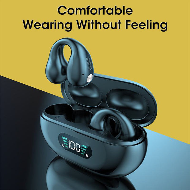 Bone conduction headphones in charging case, Bluetooth 5.3 wireless earbuds, comfortable ear clip design.