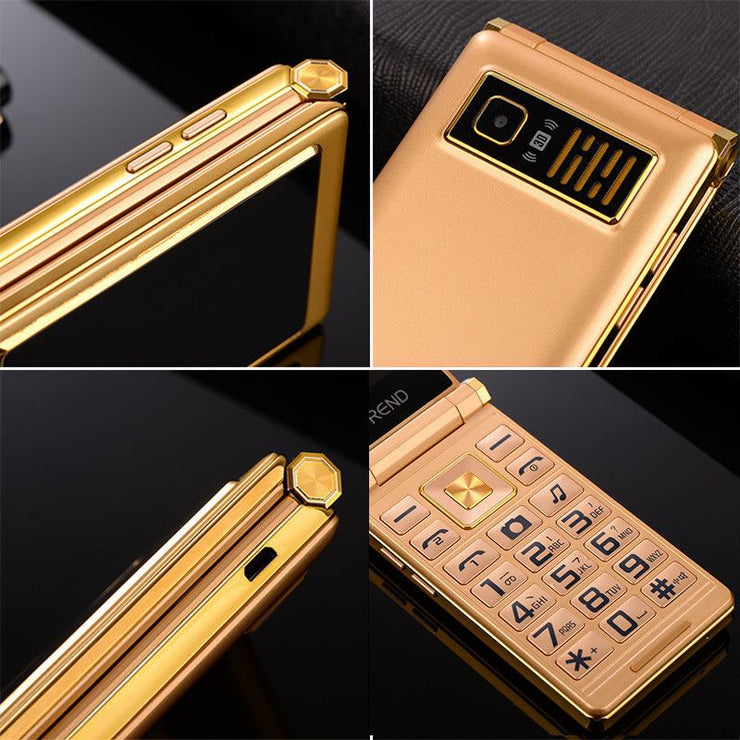 Dual Screen Flip A15 Elderly Phone, gold color, featuring touchscreen and keypad.