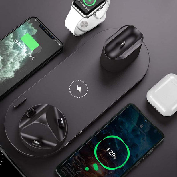 Wireless charger with multi-device compatibility, fast charging pad for iPhone and watch, 6-in-1 dock station.