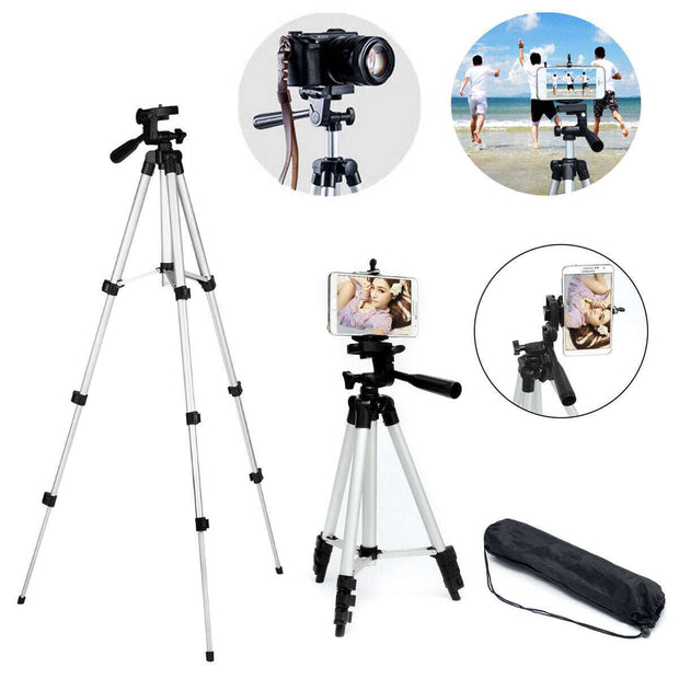 Professional camera tripod stand with smartphone mount, silver and black, 360-degree swivel head, aluminum legs, and carry bag.