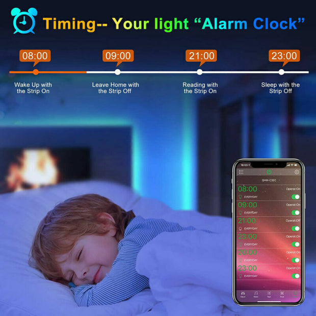 5050 RGB LED Strip with Bluetooth remote and timer function for TV and room backlighting.