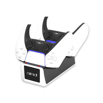 PS5 wireless controller dual charging dock with two controllers in white and black.
