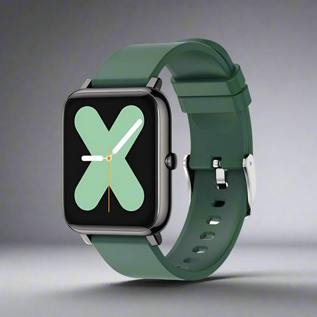 Green P22 smart watch with IPS color screen and silicone band.
