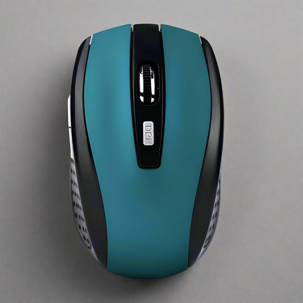 Wireless matte optical mouse with USB interface and 2.4GHz wireless frequency, featuring a sleek design and four-way wheel.