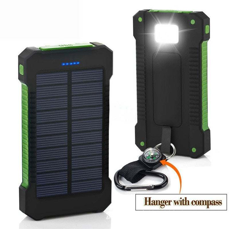 Universal ultra-thin mobile phone solar charger with camping lights and compass accessory.