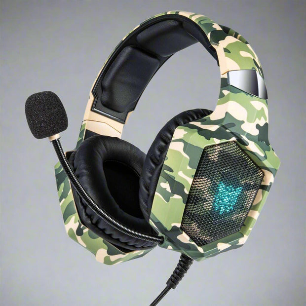 K8 camouflage gaming headphones with mic, compatible with PS4, Xbox One, iPhone, and iPad, featuring 3.5mm plug.