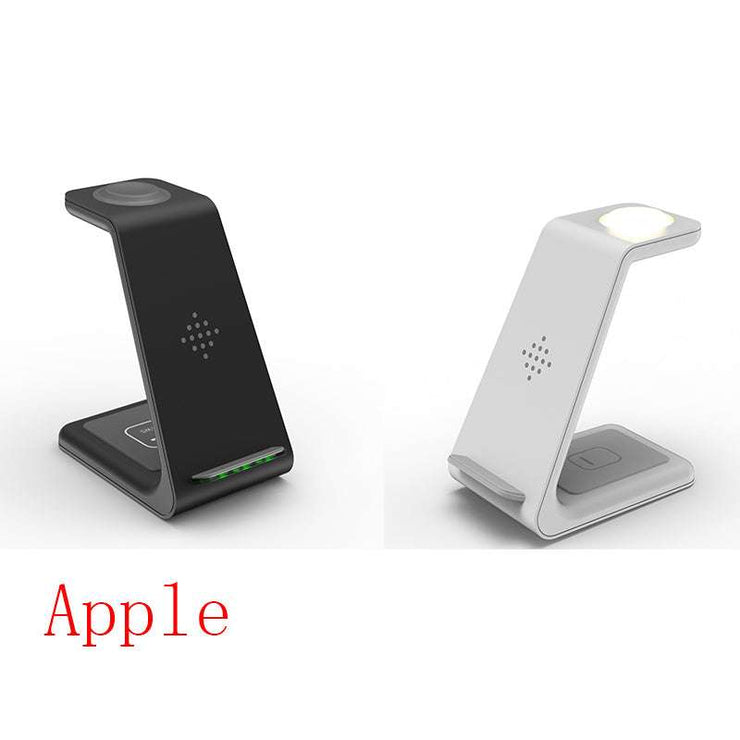 3 in 1 fast charging station in black and white for phones, watches, and earphones.