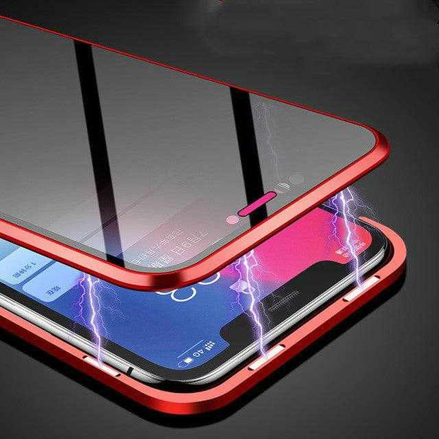 Magnetic anti-peep phone case with tempered glass for iPhone.