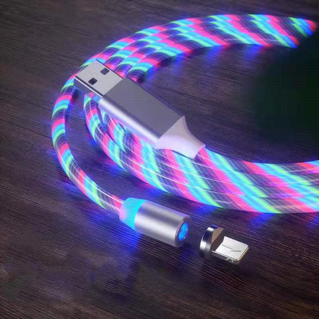 Magnetic LED fast charging cable with colorful braided design, compatible with Type-C, Micro USB, and Lightning.