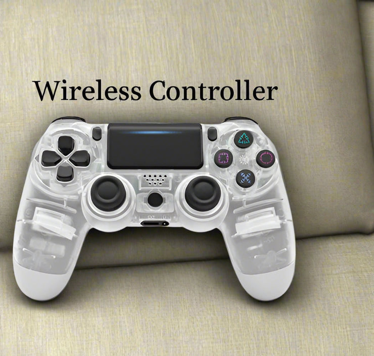 Wireless Game Controller for PS4 transparent design with ergonomic grip.