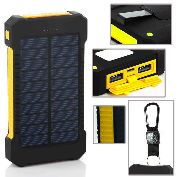 Ultra-thin solar charger with dual USB ports, yellow design, ideal for camping.