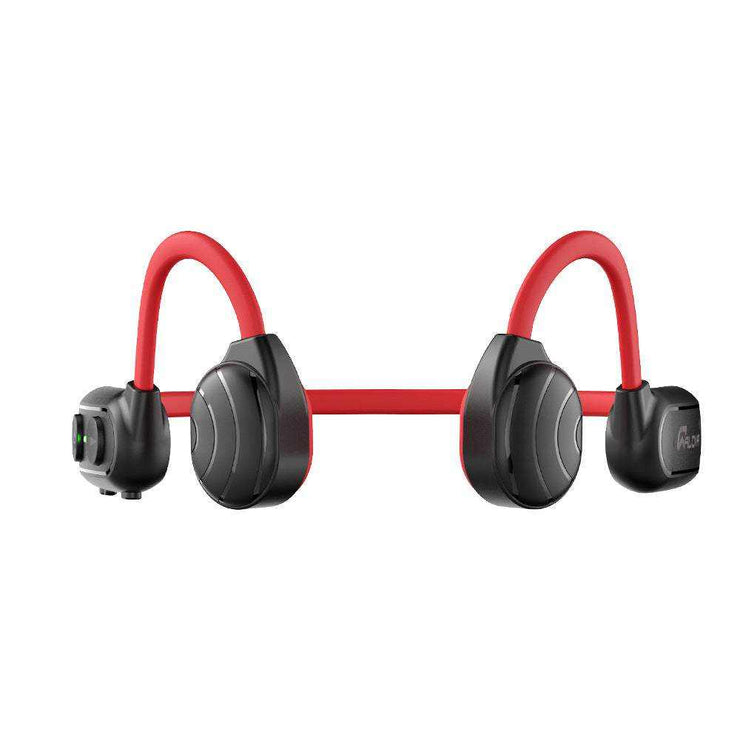 Personal Bone Conduction Bluetooth Headset with red ear hook, lightweight and waterproof.