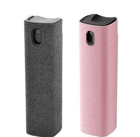 2-in-1 phone and computer screen cleaner kit with spray and microfiber cloth, available in pink and gray.