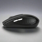 Matte black wireless optical mouse with ergonomic design and USB interface.