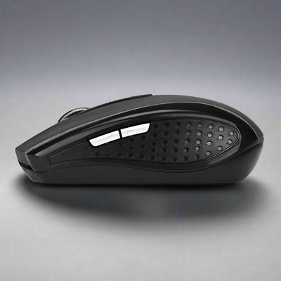 Matte black wireless optical mouse with ergonomic design and USB interface.