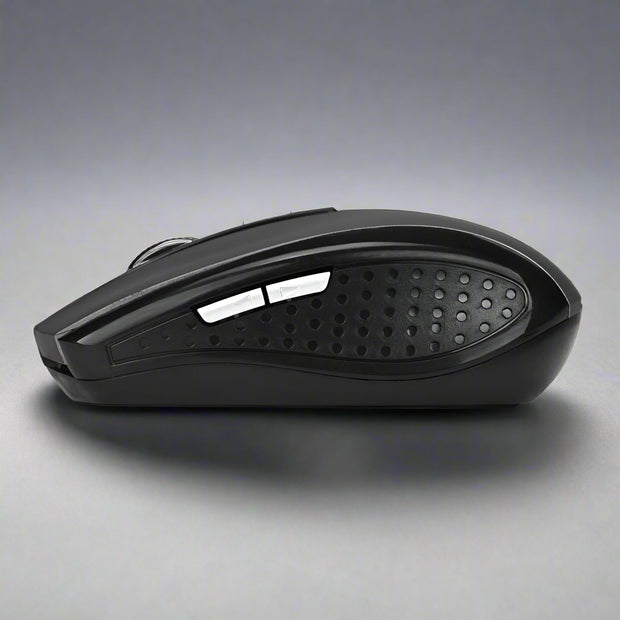 Matte black wireless optical mouse with ergonomic design and USB interface.