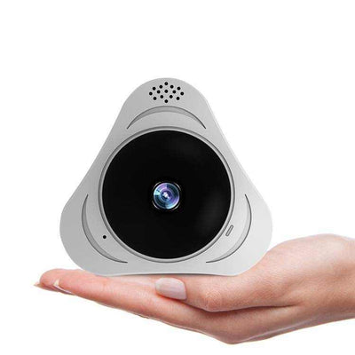 Smart home security camera with 3D panoramic view, held in hand.