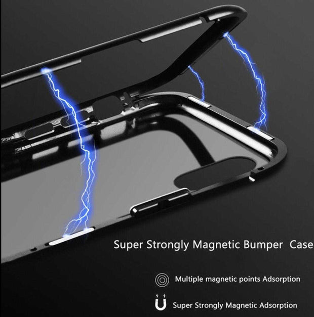 Magnetic tempered glass screen protector with strong bumper case and multiple magnetic points.