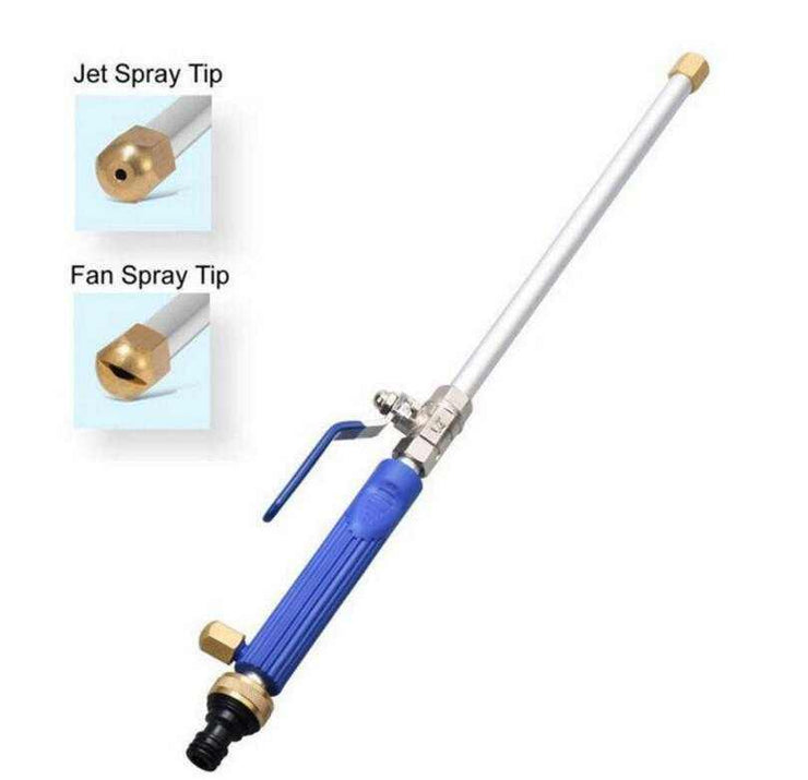 Car high-pressure electric water gun washer with blue and silver design, featuring jet and fan spray tips.