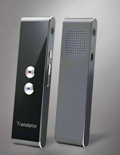 Two-way translator device with multi-language support and Bluetooth connectivity.