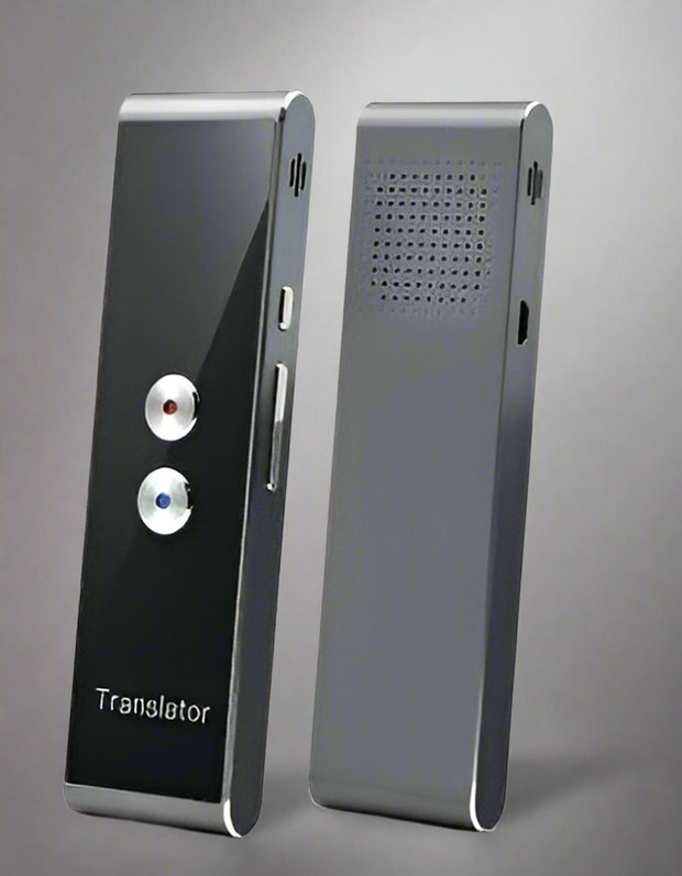 Two-way translator device with multi-language support and Bluetooth connectivity.