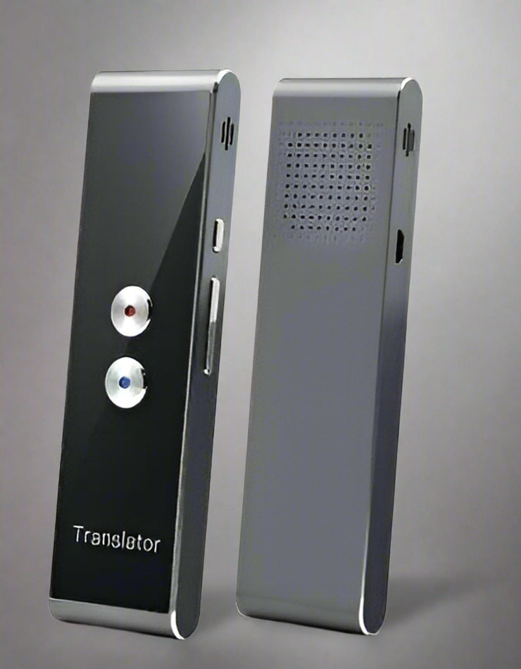 Two-way translator device with multi-language support and Bluetooth connectivity.