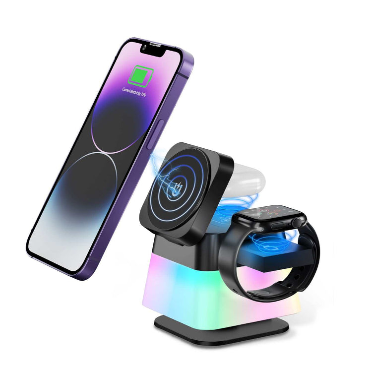 4-in-1 rotatable wireless charging stand with colorful LED for iPhone, Apple Watch, and AirPods.