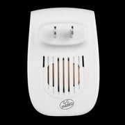 Electronic ultrasonic pest repeller with EU/US plug, white, front view showing power prongs and speaker grille.