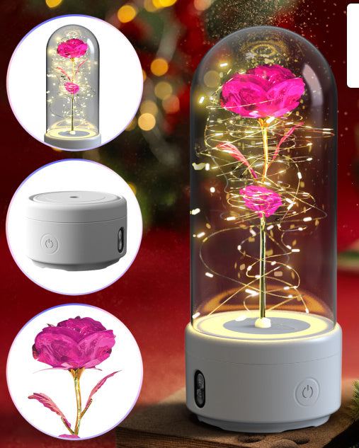 Bluetooth-compatible rose LED light and speaker in glass cover.