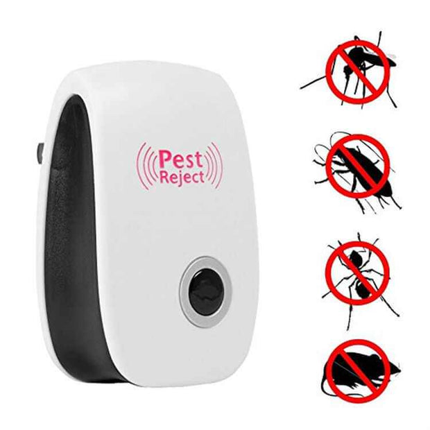 Electronic Ultrasonic Pest Repeller with insect icons and "Pest Reject" label.