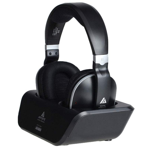 TV Wireless On-ear Bass Headphones in charging dock, black, stylish home accessory.