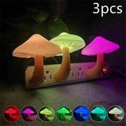 LED Night Light Mushroom Wall Socket Lamp in warm white with light-control sensor for bedroom decor.