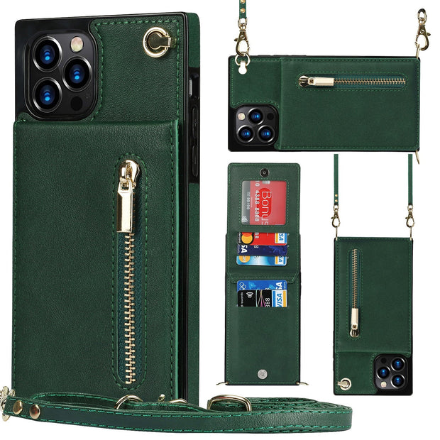 Green PU zipper phone case crossbody for Samsung models.