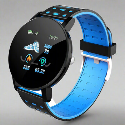 Bluetooth smart watch with blue strap displaying fitness statistics.