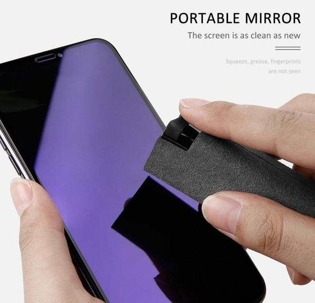 Phone computer screen cleaner used on smartphone screen, showing fingerprint removal.